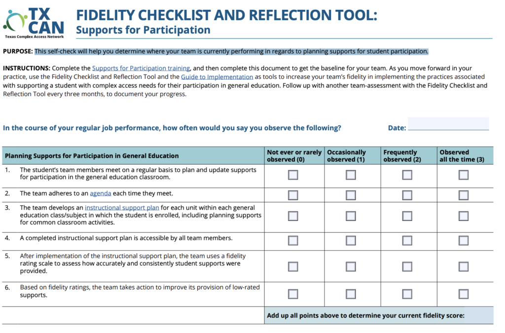 horizontal view of checklist with 6 rows of statements and 4 rating options each.